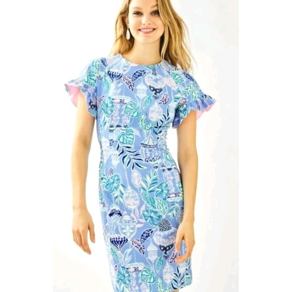 Lilly Pulitzer Dress 2 Kerstin Stretch Shift Floral Gold Zip Resort Cruise New
